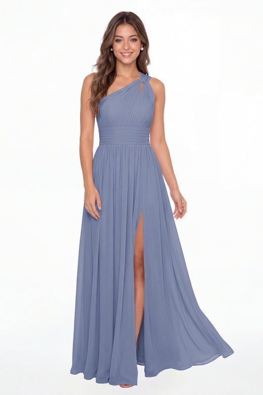 Steel Blue One Shoulder Pleated Chiffon Slit Maxi Gown - Front View