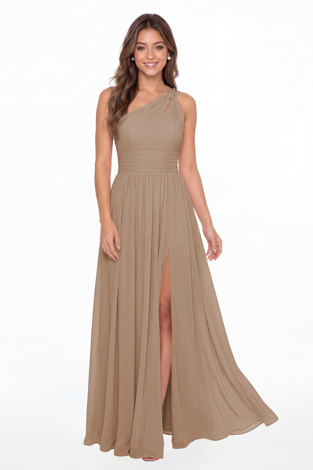 Taupe One Shoulder Pleated Chiffon Slit Maxi Gown - Front View
