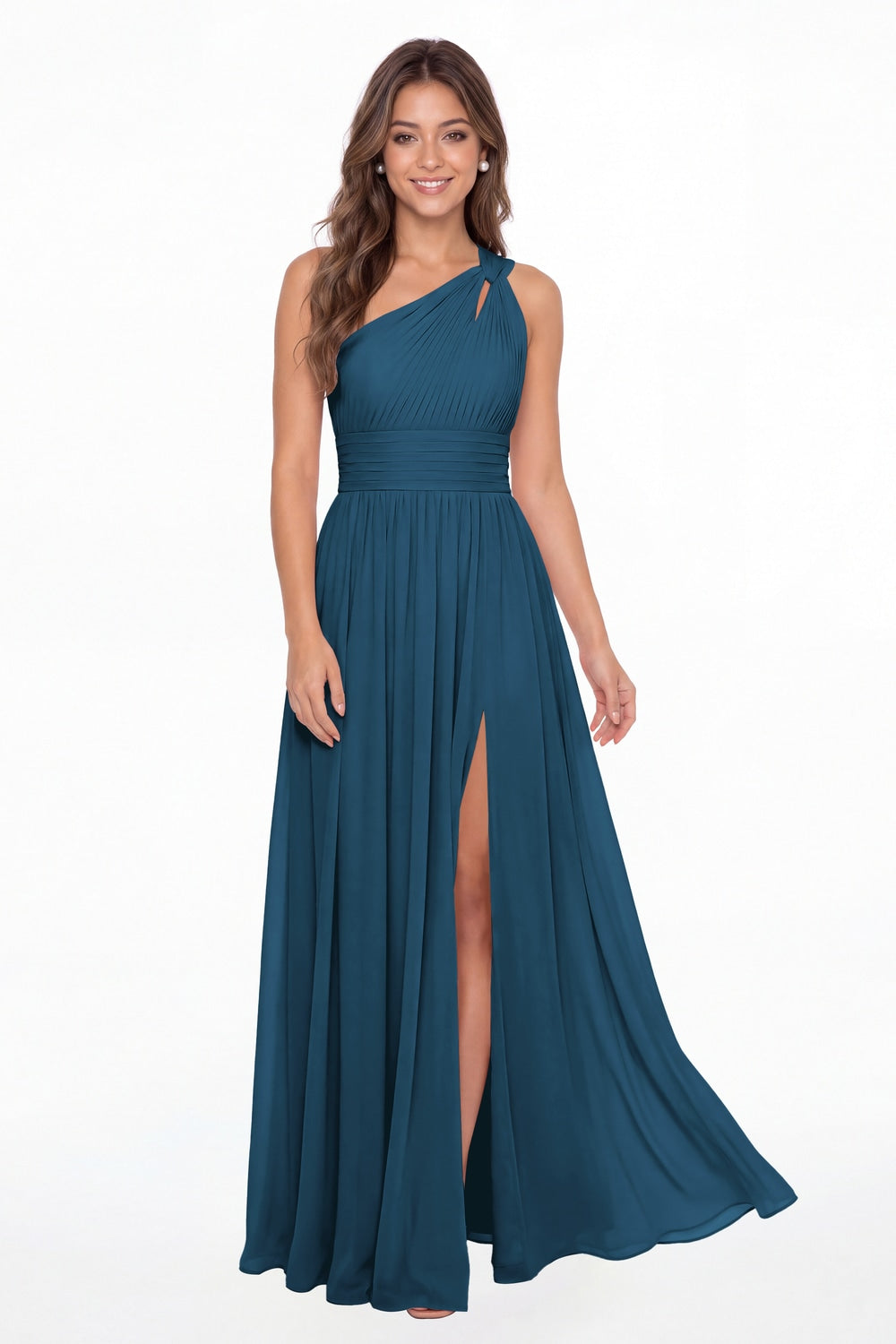 Teal One Shoulder Pleated Chiffon Slit Maxi Gown - Front View