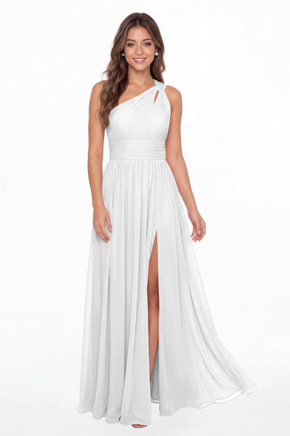 White One Shoulder Pleated Chiffon Slit Maxi Gown - Front View