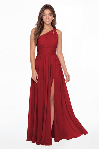 Wine Red One Shoulder Pleated Chiffon Slit Maxi Gown - Front View
