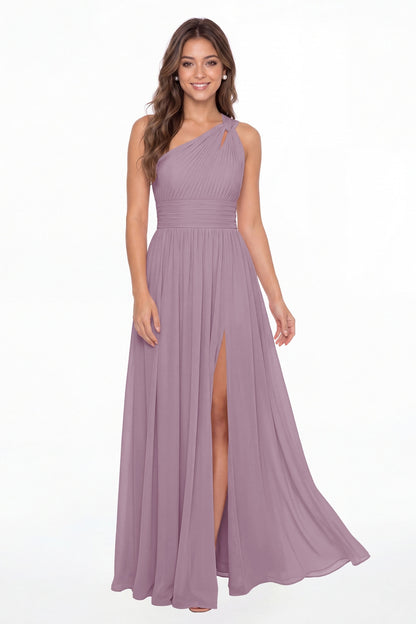 Wisteria One Shoulder Pleated Chiffon Slit Maxi Gown - Front View