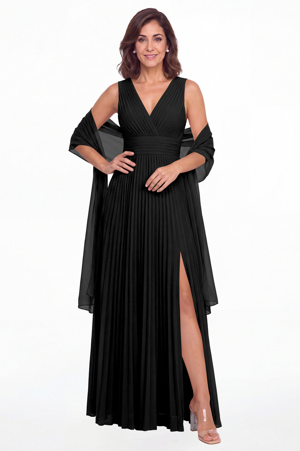 Black V Neck Pleated Chiffon Slit Maxi Gown - Front View