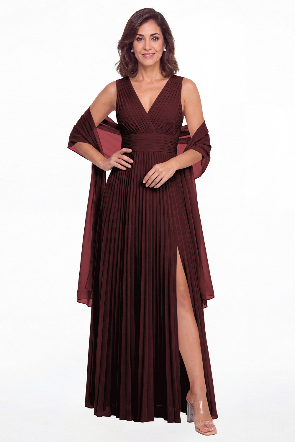 Burgundy V Neck Pleated Chiffon Slit Maxi Gown - Front View
