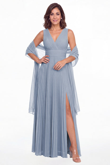 Dusty Blue V Neck Pleated Chiffon Slit Maxi Gown - Front View