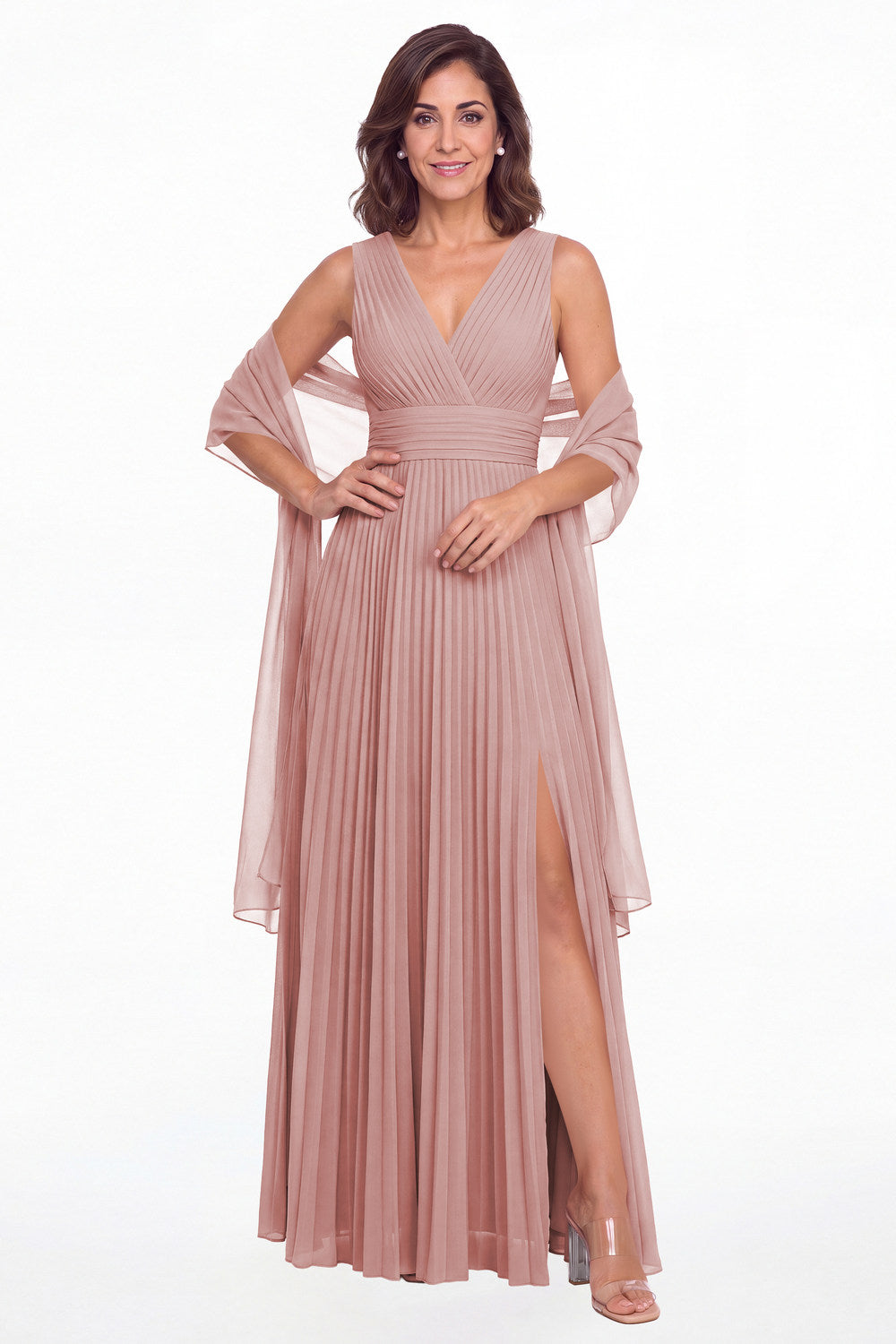 Dusty Rose V Neck Pleated Chiffon Slit Maxi Gown - Front View