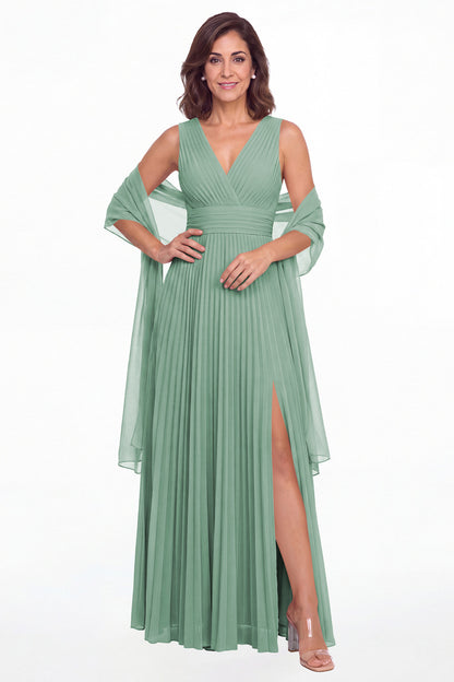 Eucalyptus V Neck Pleated Chiffon Slit Maxi Gown - Front View