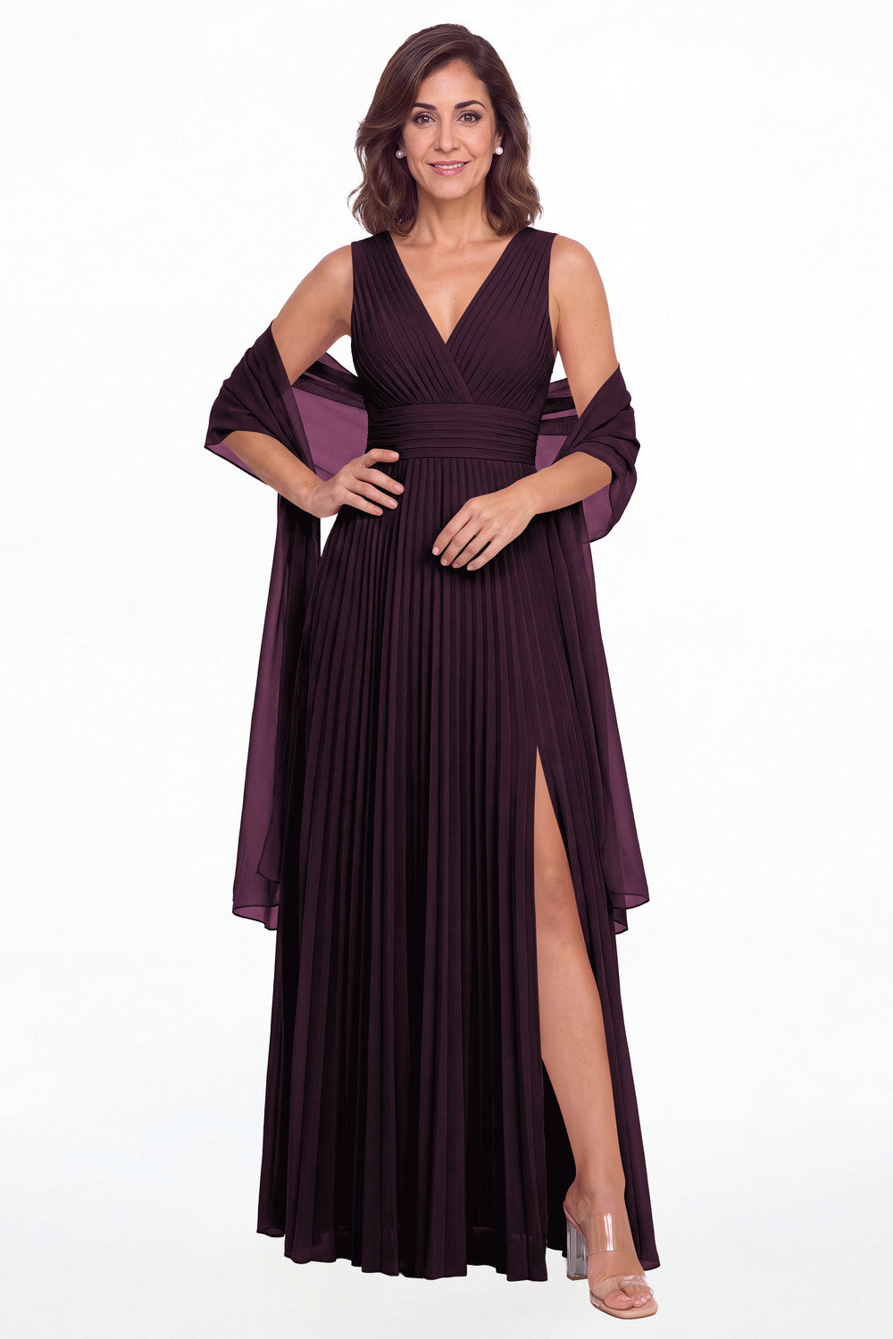 Plum V Neck Pleated Chiffon Slit Maxi Gown - Front View