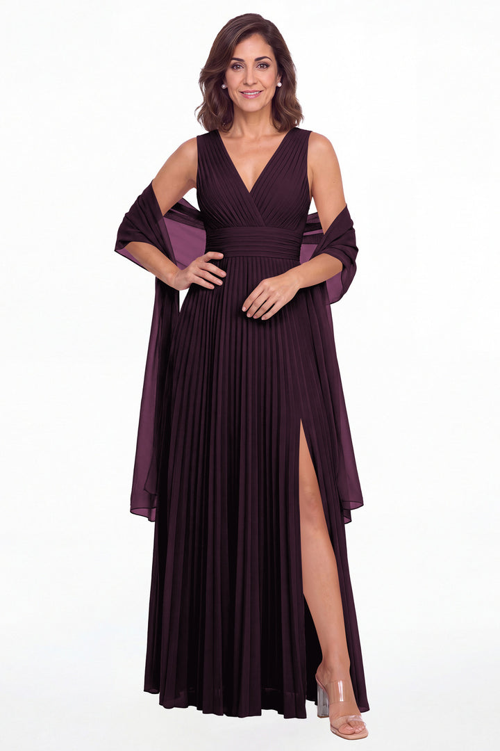 Plum V Neck Pleated Chiffon Slit Maxi Gown - Front View
