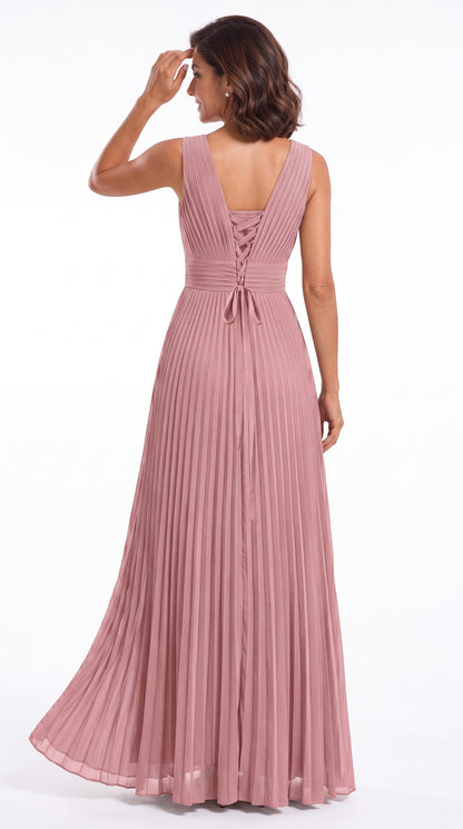 V Neck Pleated Chiffon Slit Maxi Gown - Back View
