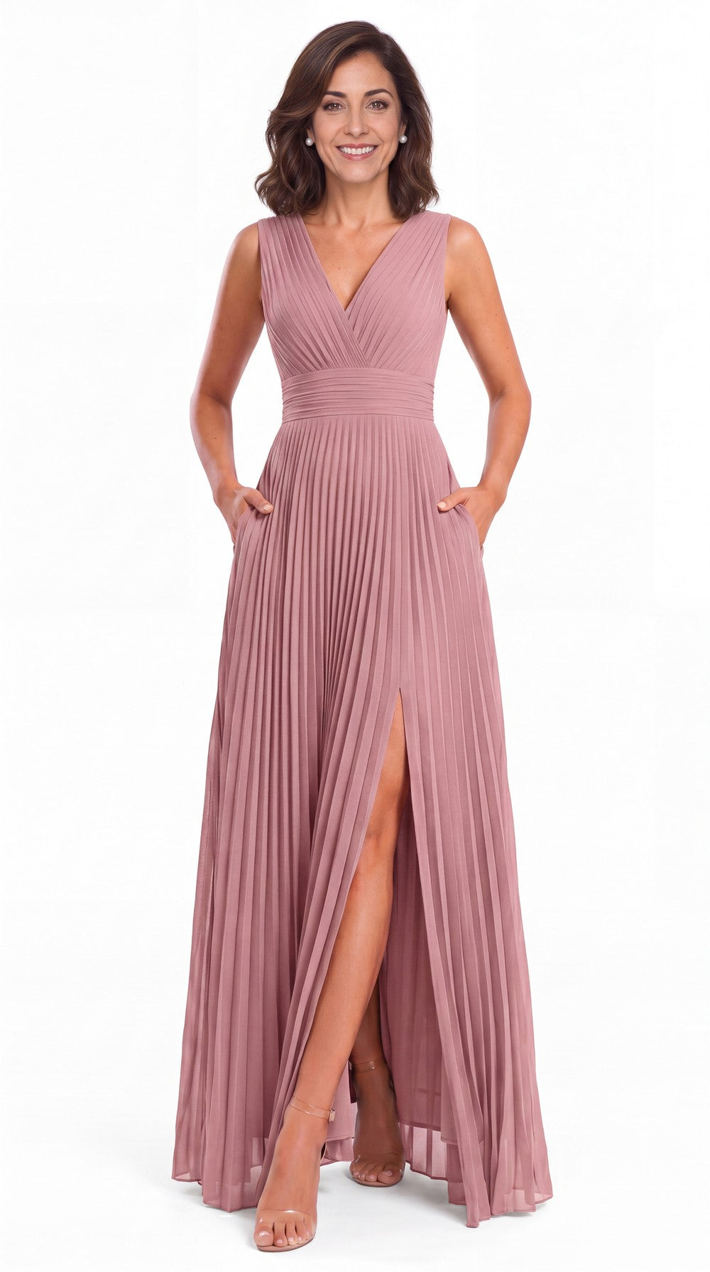 V Neck Pleated Chiffon Slit Maxi Gown - Detail View 1
