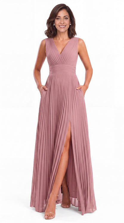 V Neck Pleated Chiffon Slit Maxi Gown - Detail View 1