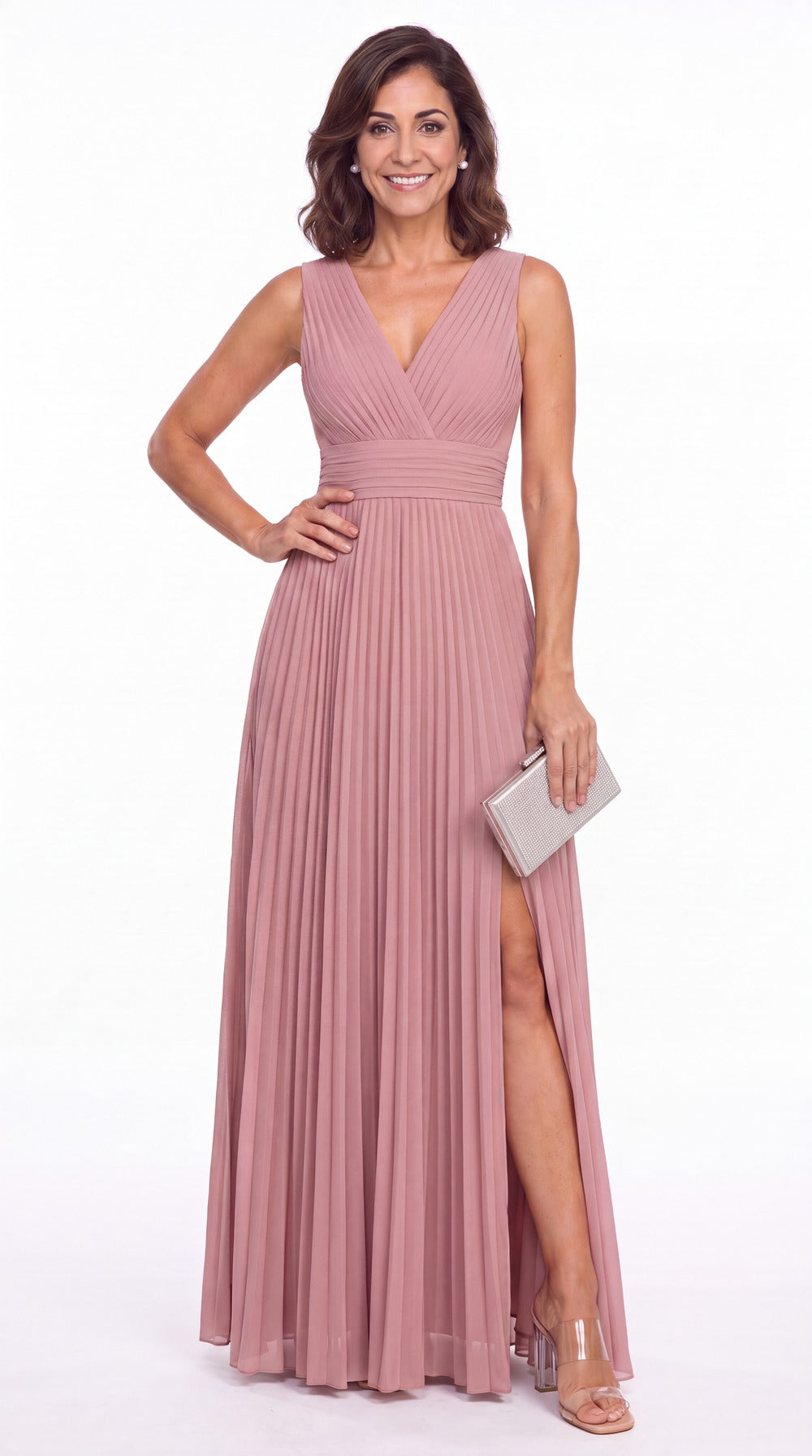 V Neck Pleated Chiffon Slit Maxi Gown - Detail View 2
