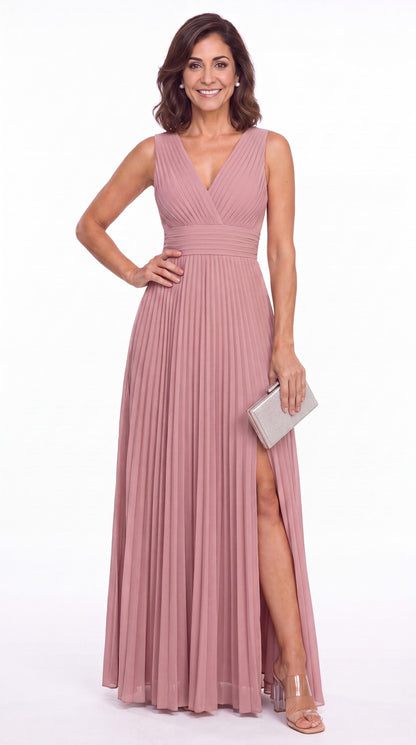 V Neck Pleated Chiffon Slit Maxi Gown - Detail View 2
