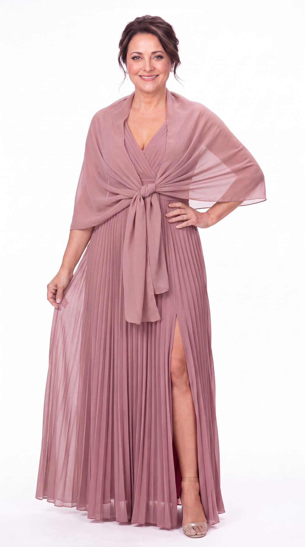 V Neck Pleated Chiffon Slit Maxi Gown - Detail View 3