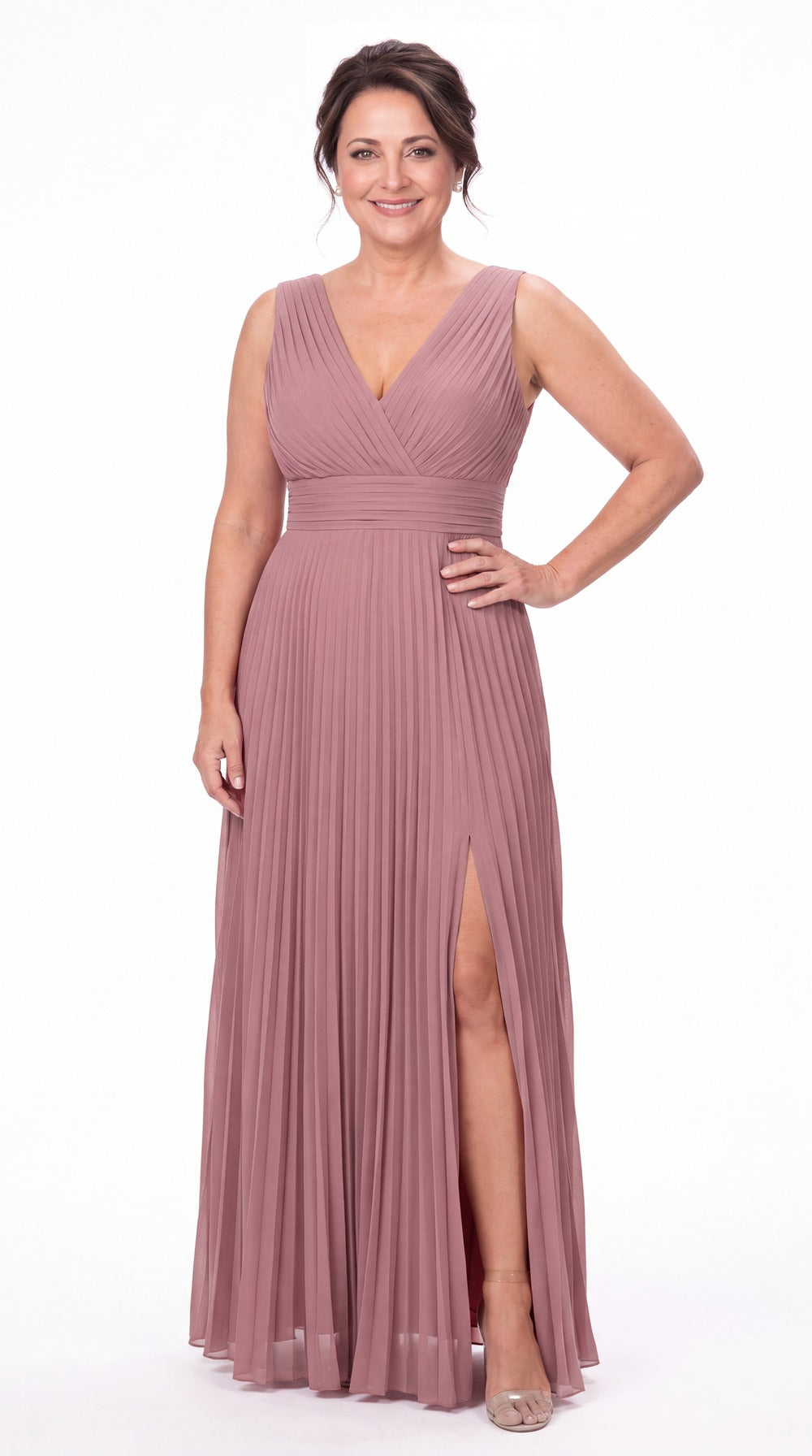 V Neck Pleated Chiffon Slit Maxi Gown - Detail View 4