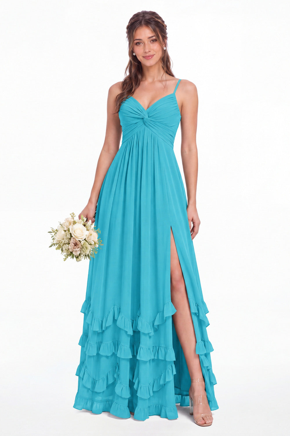 Sage Green Spaghetti Strap Tiered Ruffle Chiffon Maxi Dress - Front View
