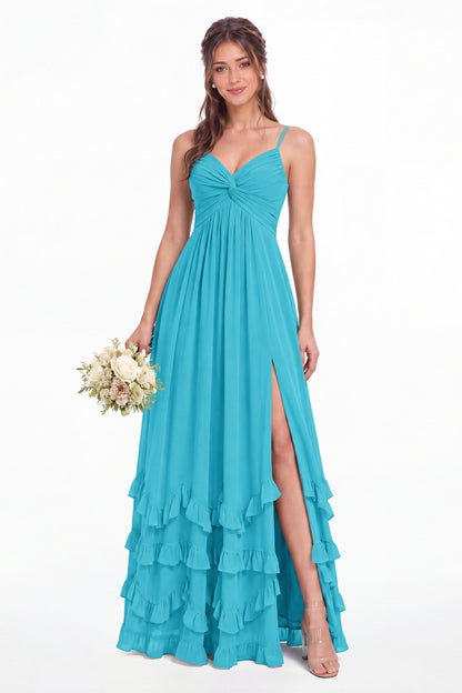Sage Green Spaghetti Strap Tiered Ruffle Chiffon Maxi Dress - Front View