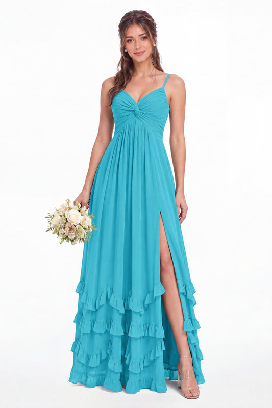 Sage Green Spaghetti Strap Tiered Ruffle Chiffon Maxi Dress - Front View
