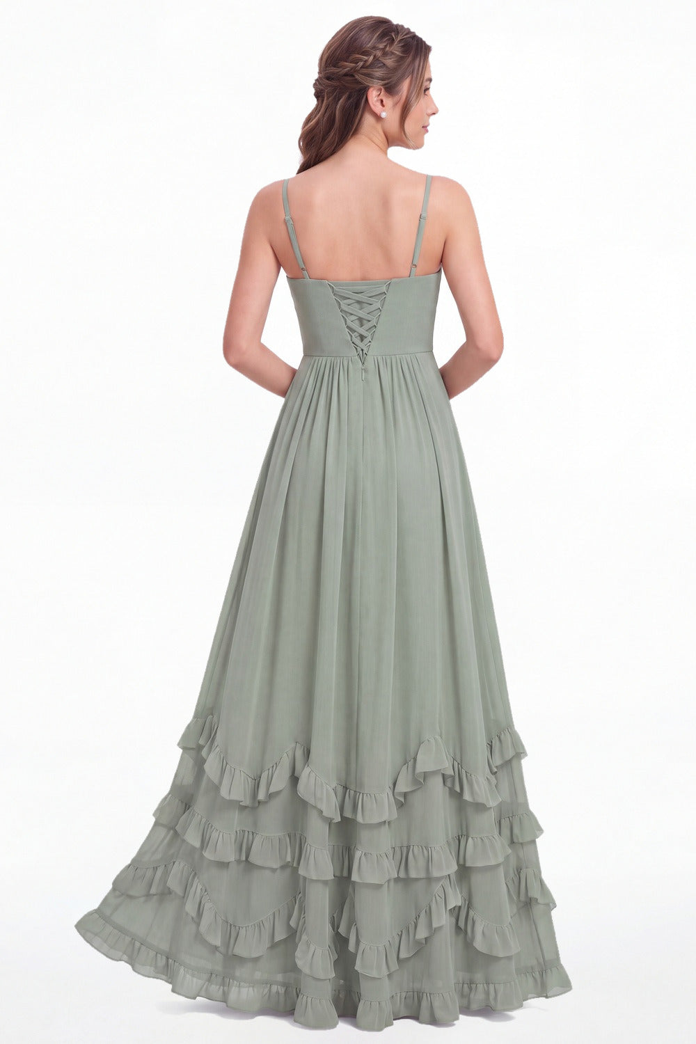 Sage Green Spaghetti Strap Tiered Ruffle Chiffon Maxi Dress - Front View