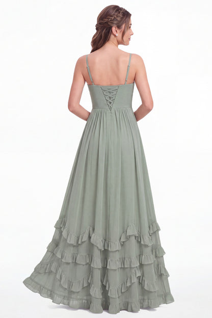 Sage Green Spaghetti Strap Tiered Ruffle Chiffon Maxi Dress - Front View