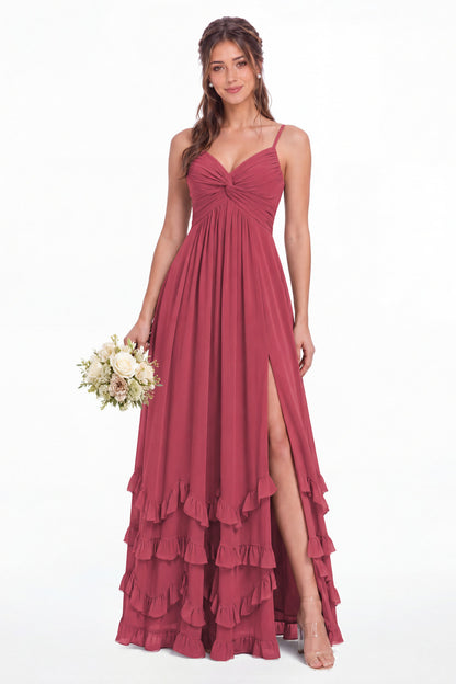 Sage Green Spaghetti Strap Tiered Ruffle Chiffon Maxi Dress - Front View