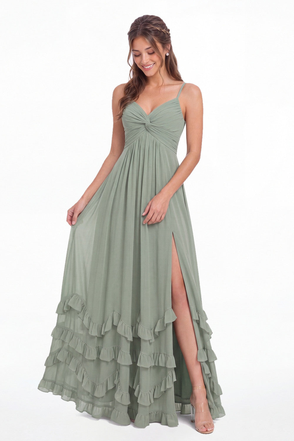 Spaghetti Strap Tiered Ruffle Chiffon Maxi Dress - Back View