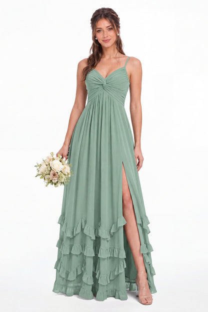 Sage Green Spaghetti Strap Tiered Ruffle Chiffon Maxi Dress - Front View