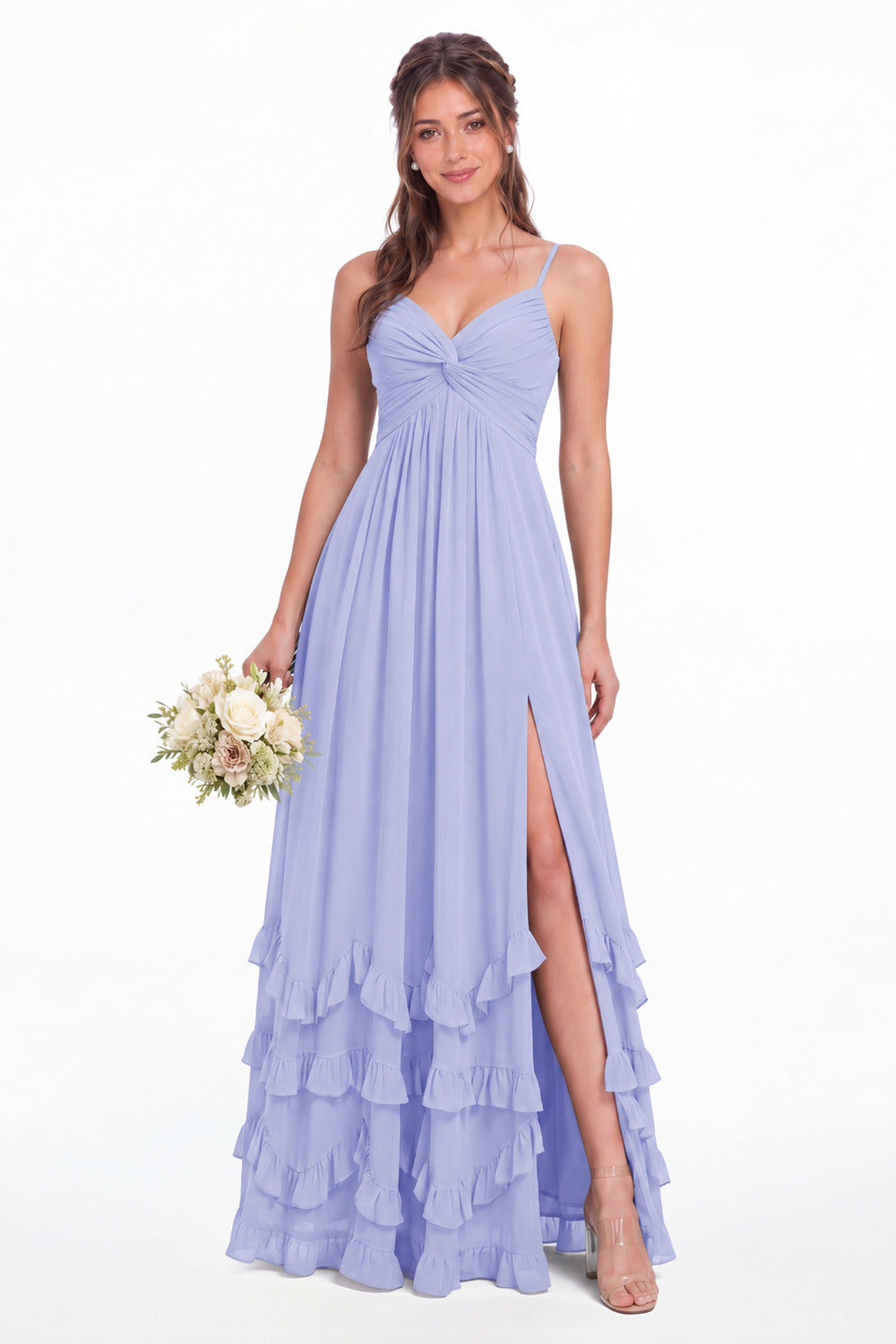 Sage Green Spaghetti Strap Tiered Ruffle Chiffon Maxi Dress - Front View