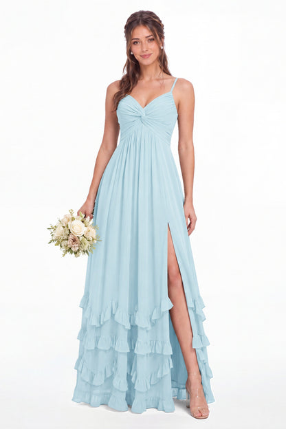 Sage Green Spaghetti Strap Tiered Ruffle Chiffon Maxi Dress - Front View