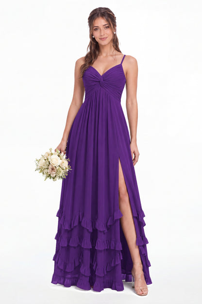 Sage Green Spaghetti Strap Tiered Ruffle Chiffon Maxi Dress - Front View