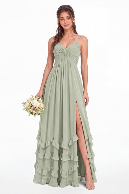 Sage Green Spaghetti Strap Tiered Ruffle Chiffon Maxi Dress - Front View