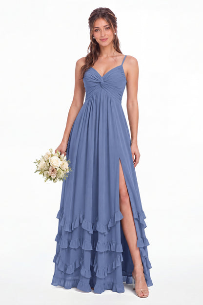 Sage Green Spaghetti Strap Tiered Ruffle Chiffon Maxi Dress - Front View