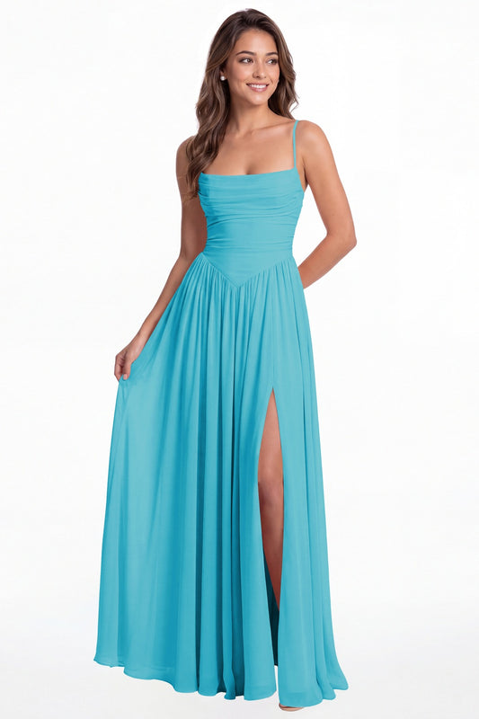 Aqua Blue Spaghetti Strap Ruched Chiffon Slit Maxi Gown - Front View