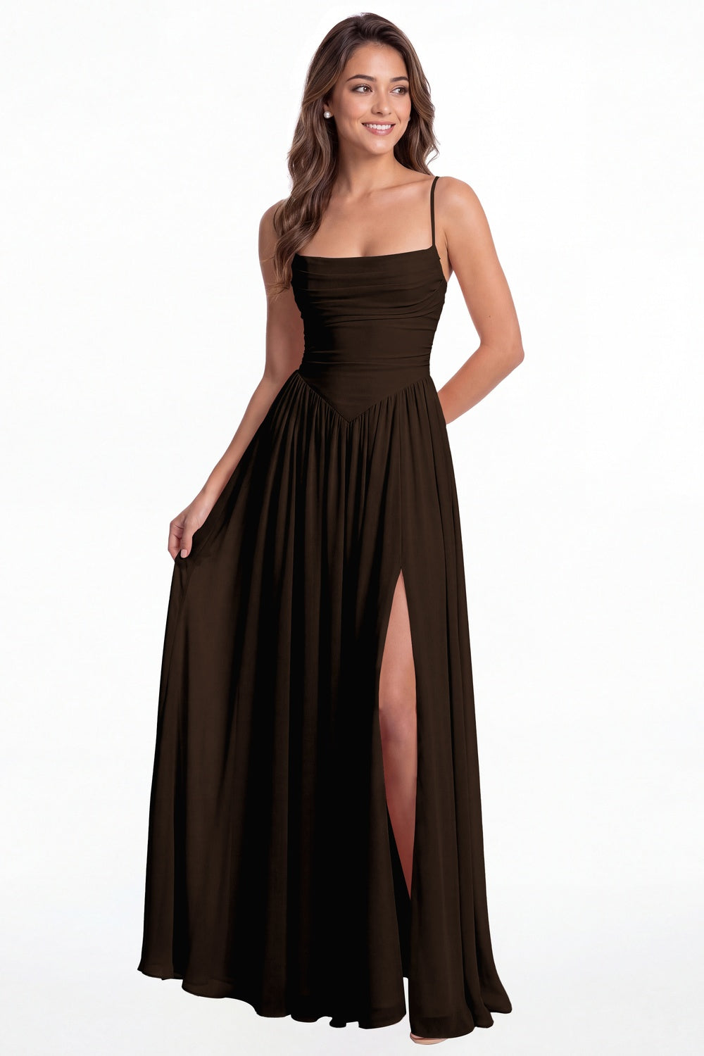 Brown Spaghetti Strap Ruched Chiffon Slit Maxi Gown - Front View