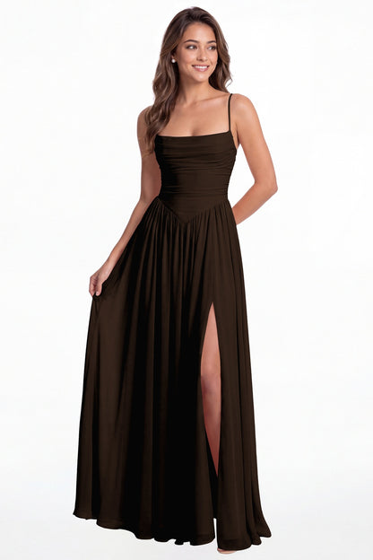 Brown Spaghetti Strap Ruched Chiffon Slit Maxi Gown - Front View