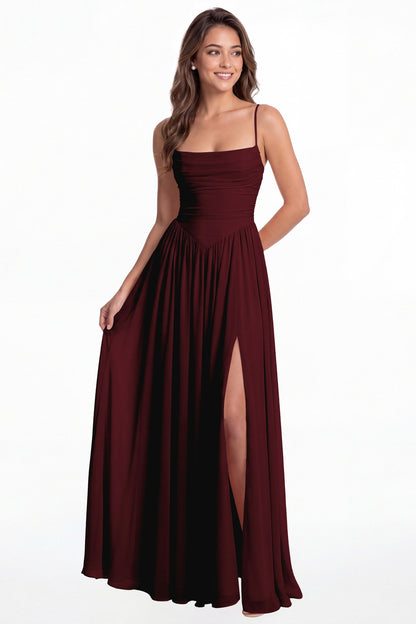 Burgundy Spaghetti Strap Ruched Chiffon Slit Maxi Gown - Front View
