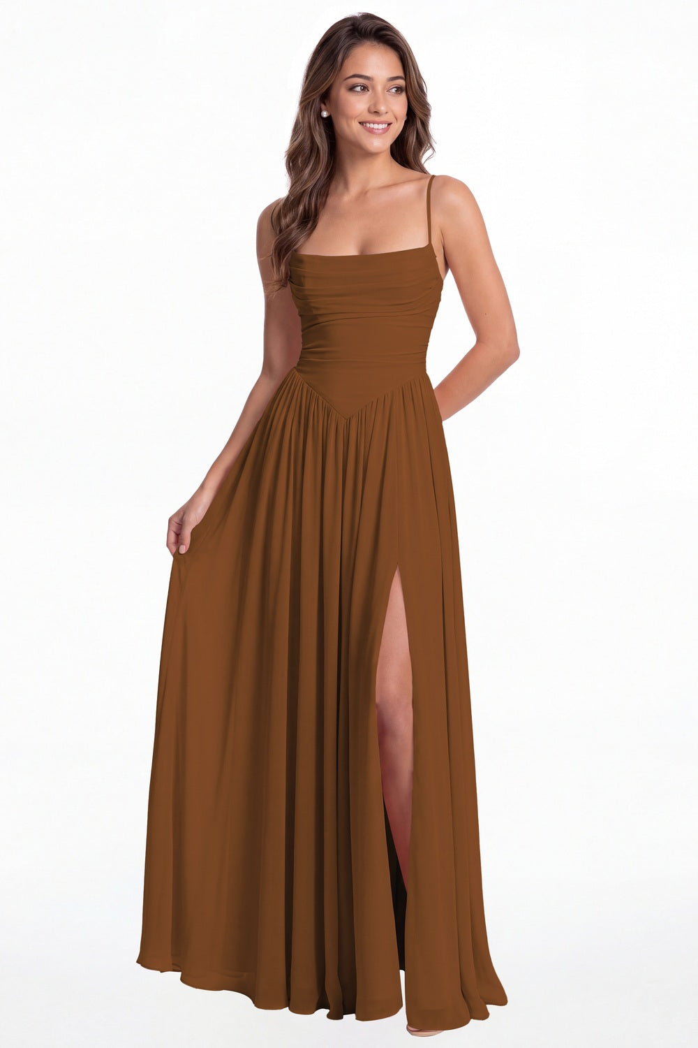 Burnt Orange Spaghetti Strap Ruched Chiffon Slit Maxi Gown - Front View