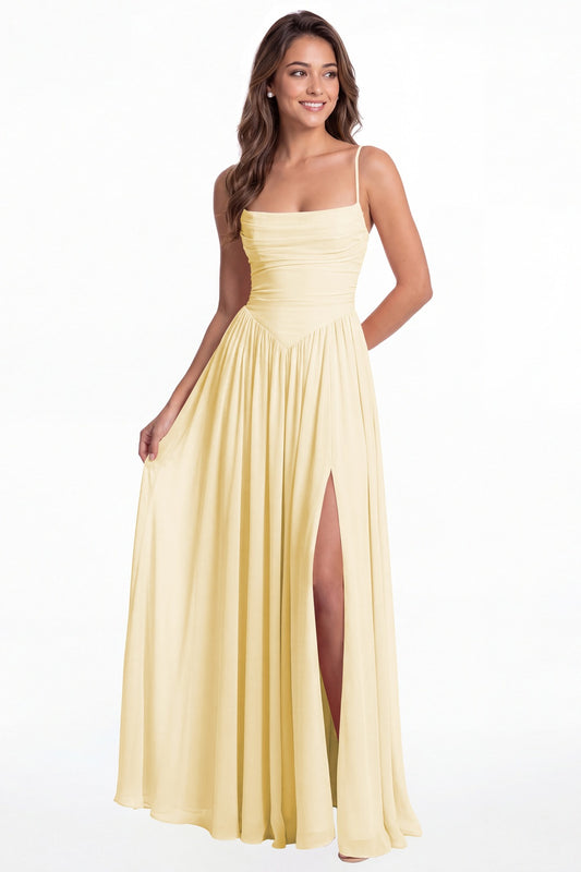 Butter Yellow Spaghetti Strap Ruched Chiffon Slit Maxi Gown - Front View