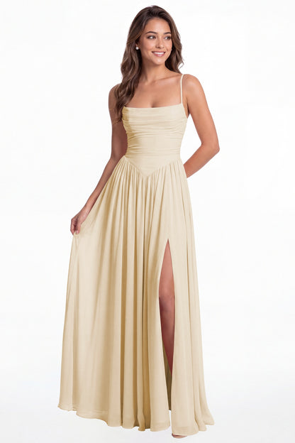 Champagne Spaghetti Strap Ruched Chiffon Slit Maxi Gown - Front View