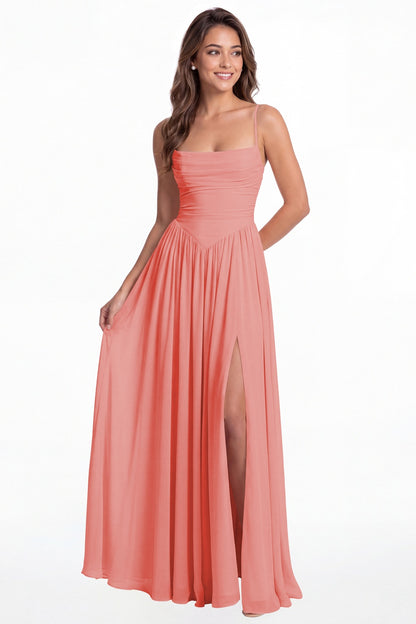 Coral Spaghetti Strap Ruched Chiffon Slit Maxi Gown - Front View