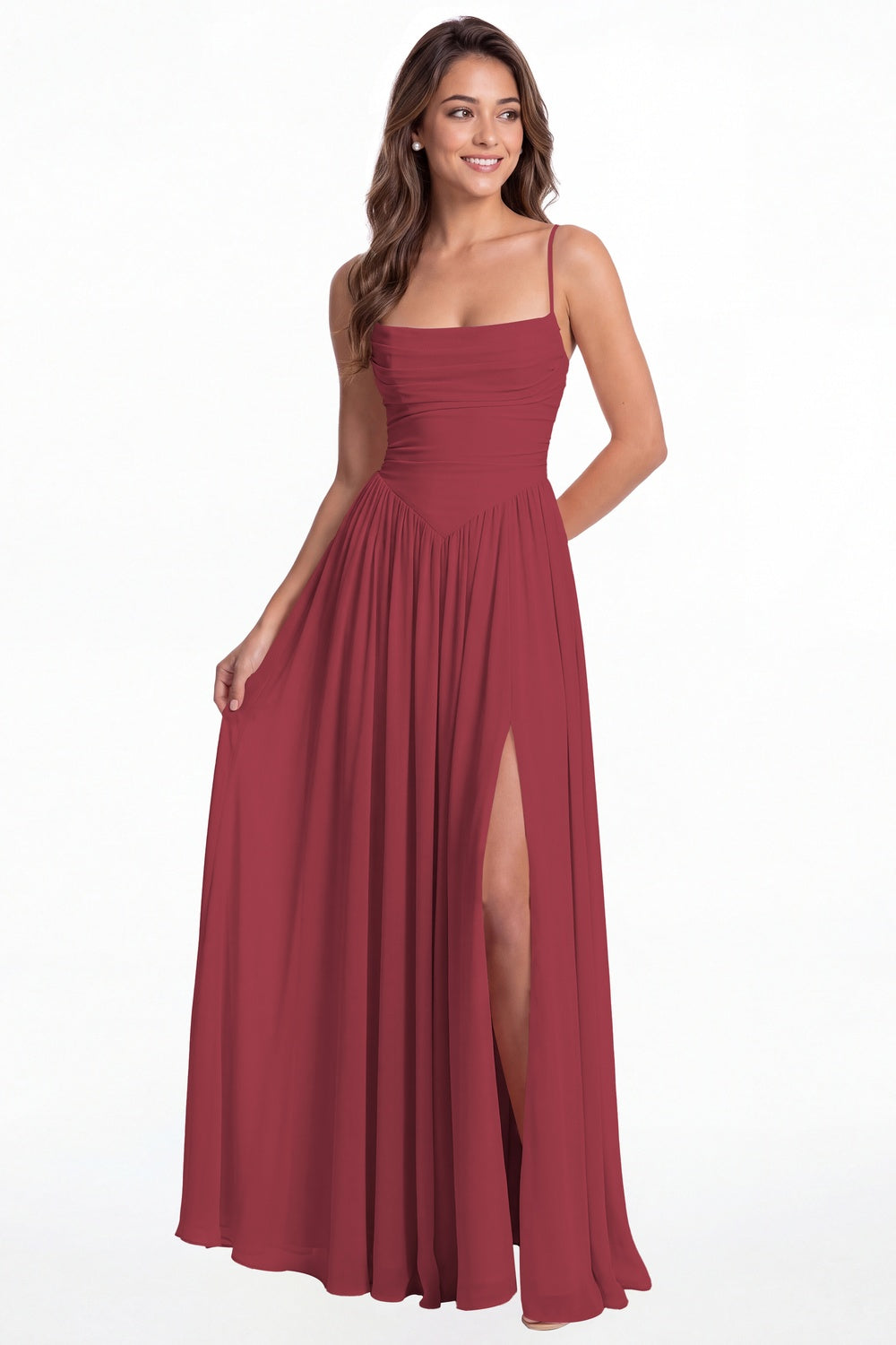 Desert Rose Spaghetti Strap Ruched Chiffon Slit Maxi Gown - Front View