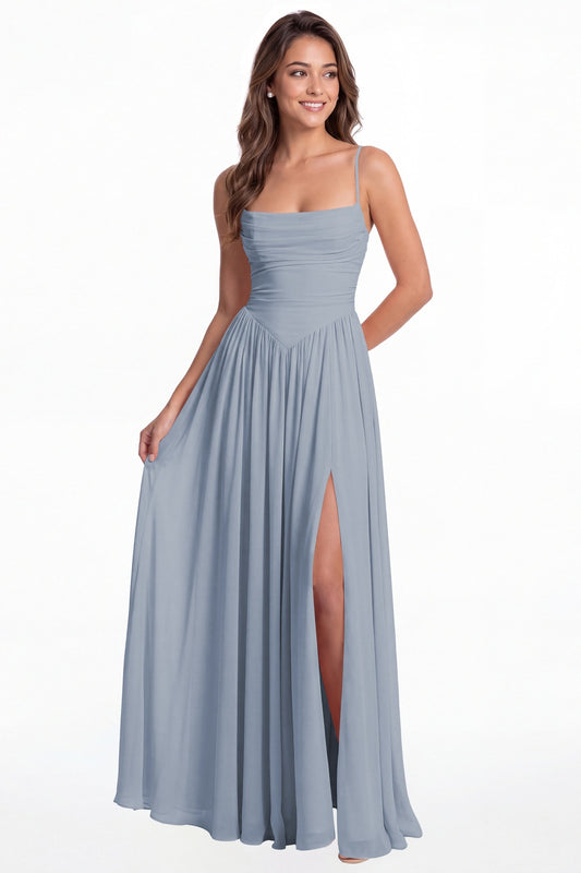 Dusty Blue Spaghetti Strap Ruched Chiffon Slit Maxi Gown - Front View