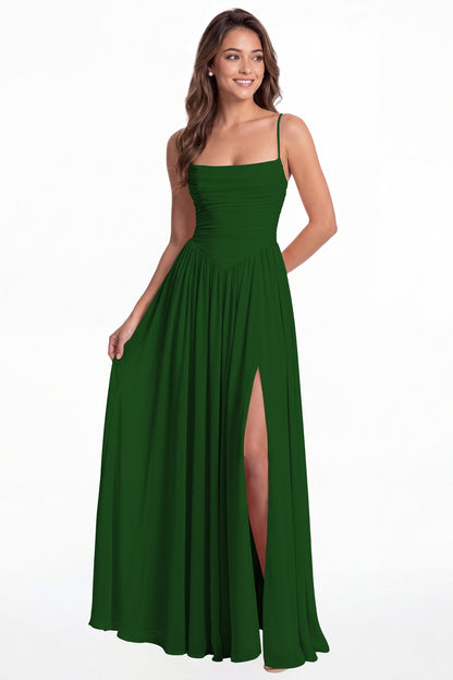 Emerald Green Spaghetti Strap Ruched Chiffon Slit Maxi Gown - Front View