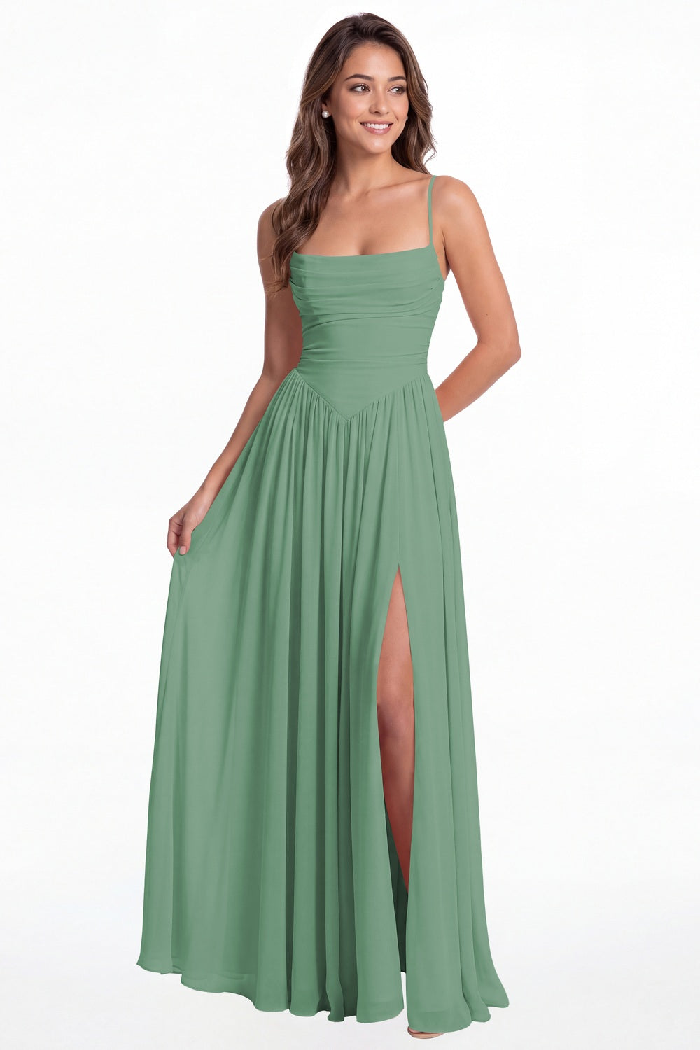Eucalyptus Spaghetti Strap Ruched Chiffon Slit Maxi Gown - Front View