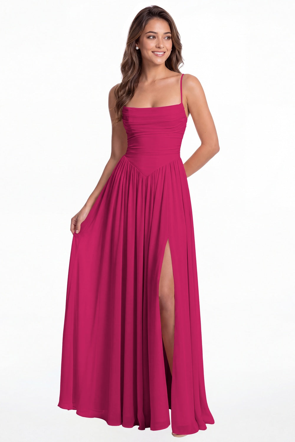 Fuchsia Spaghetti Strap Ruched Chiffon Slit Maxi Gown - Front View