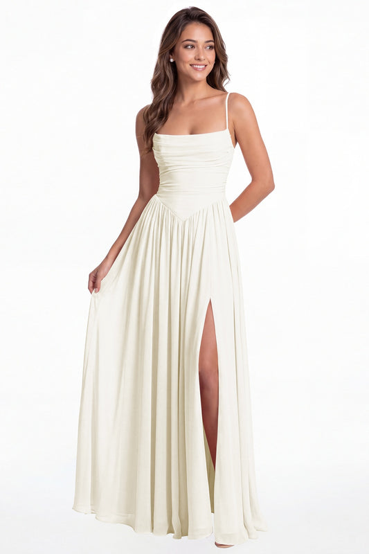 Ivory Spaghetti Strap Ruched Chiffon Slit Maxi Gown - Front View