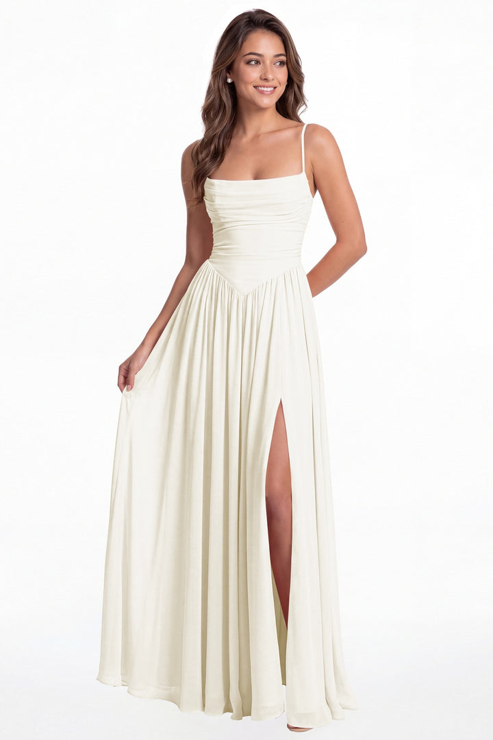 Ivory Spaghetti Strap Ruched Chiffon Slit Maxi Gown - Front View