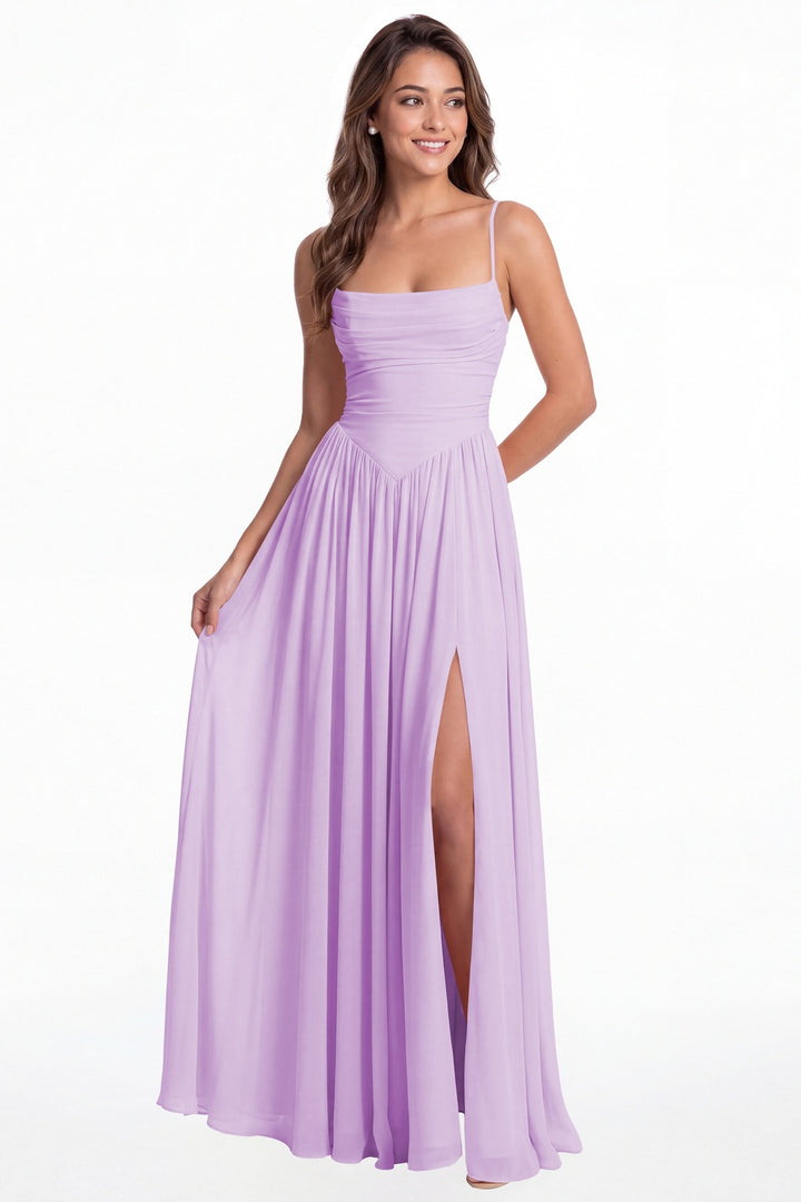 Lilac Spaghetti Strap Ruched Chiffon Slit Maxi Gown - Front View