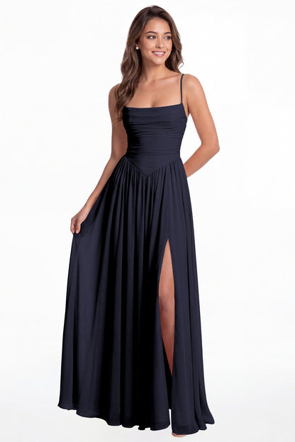 Navy Blue Spaghetti Strap Ruched Chiffon Slit Maxi Gown - Front View
